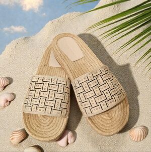 Tory Burch Logo Woven Canvas & Rope Espadrille Slide Sandals Beige Size-9